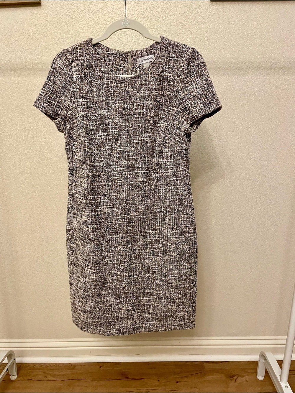 Calvin Klein Black and White Tweed Midi Sheath Dress